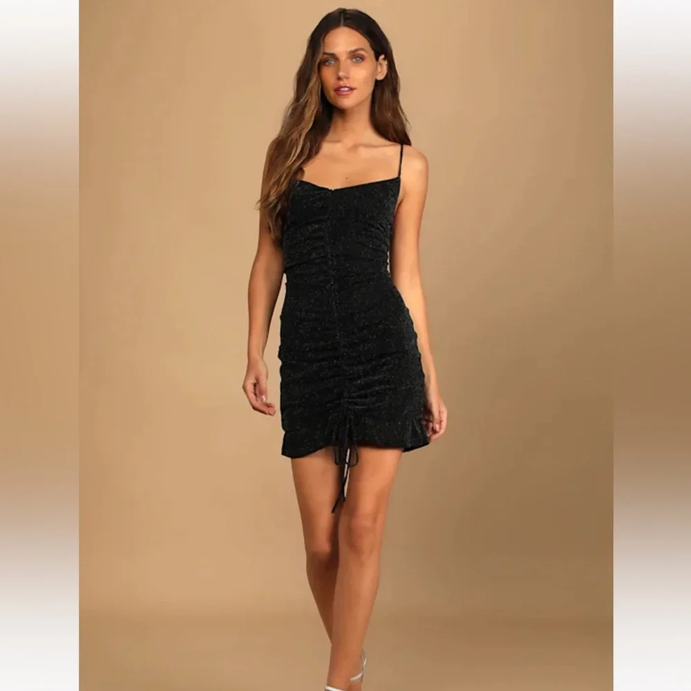 NWT Lulus Talk Of The Party Black Sparkly Ruched Bodycon Mini Dress - Size XS - Picture 3 of 10